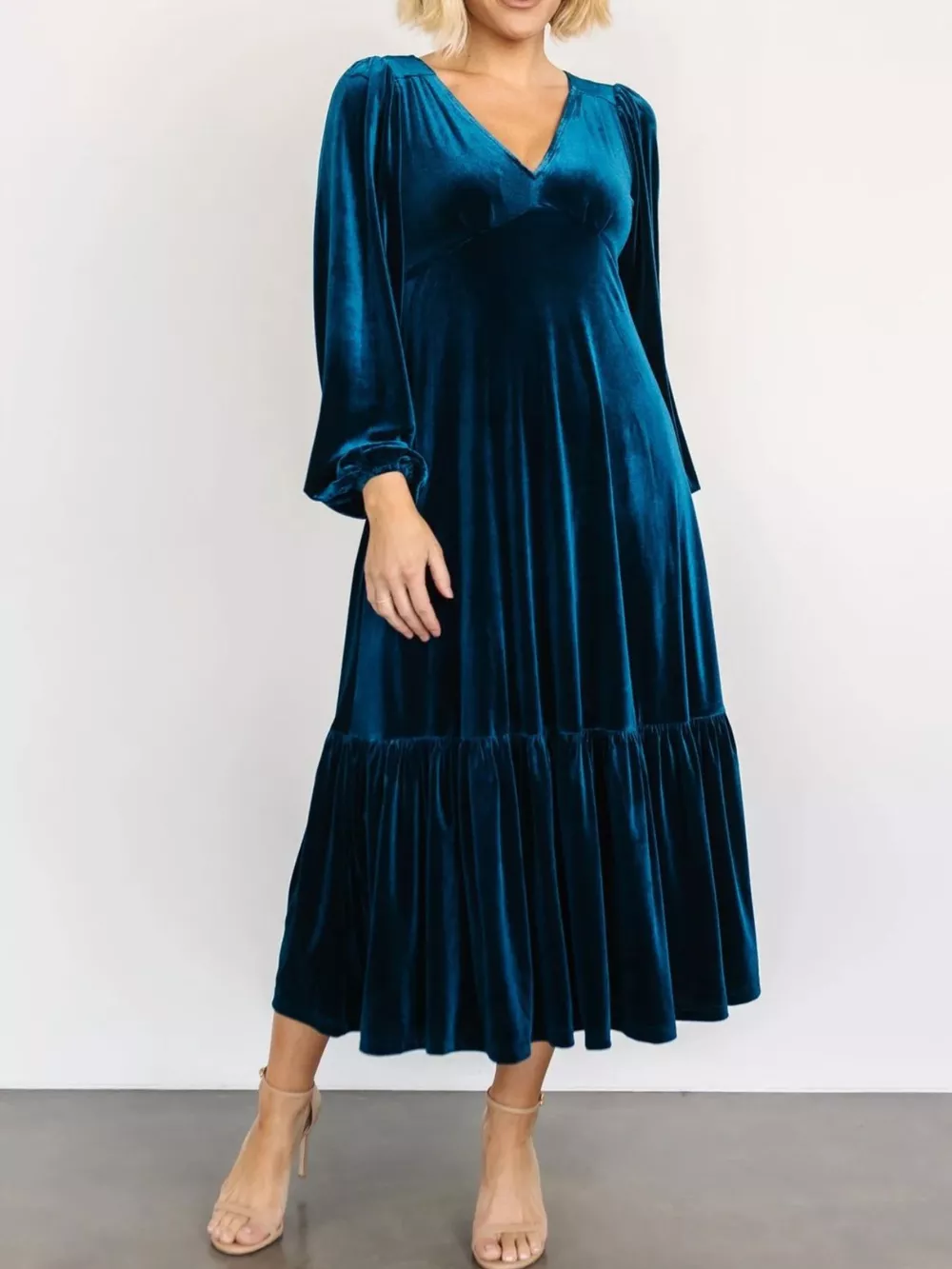 Velvet Tiered Long Sleeve Midi Dress, image 10