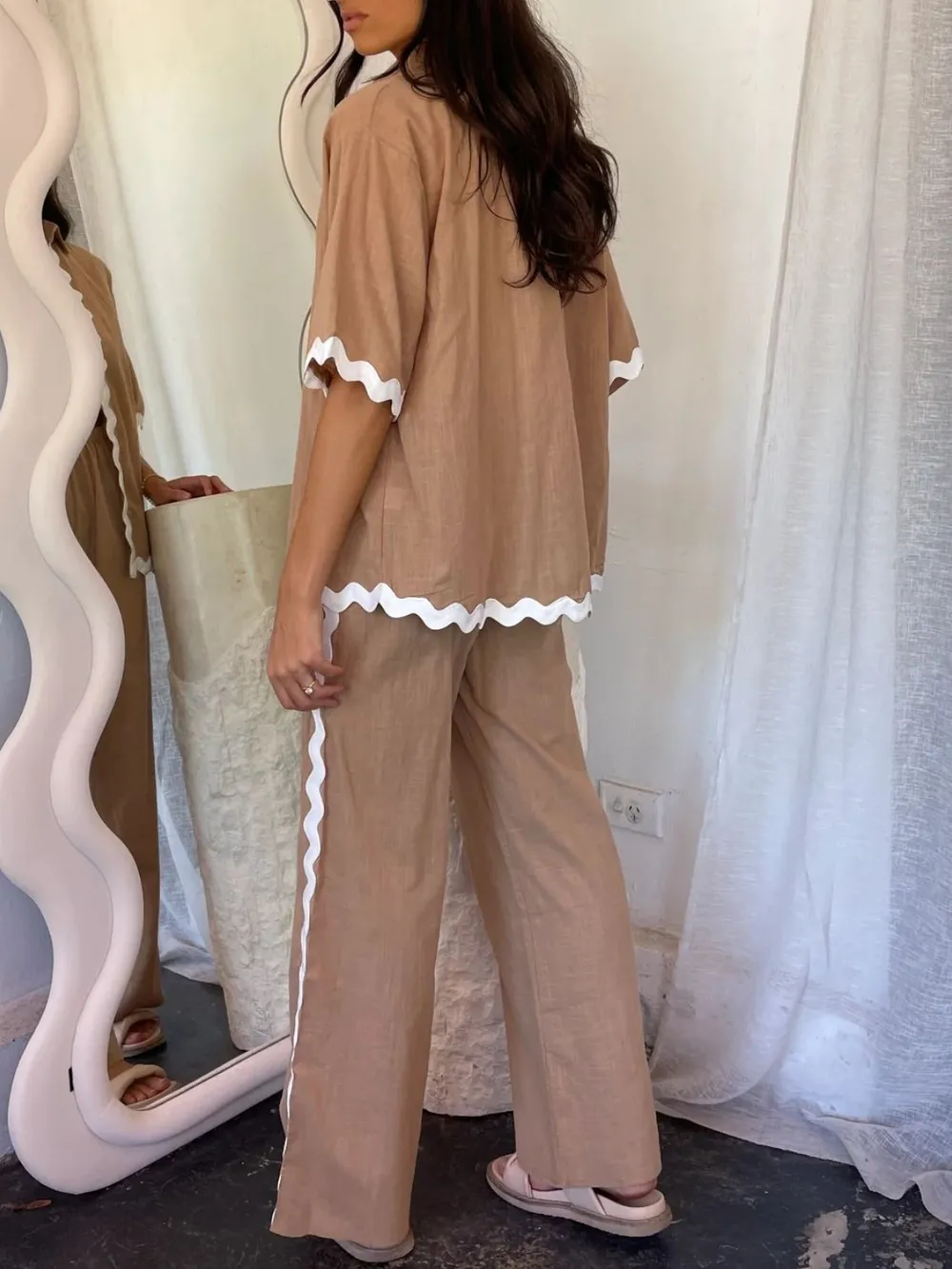 Contrast Trim Half Sleeve Top and Pants Set, image 2