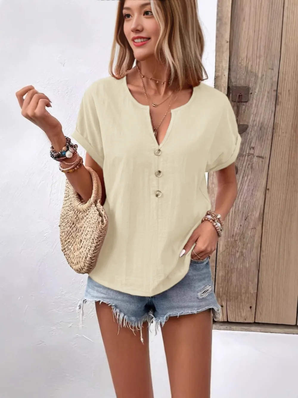 Full Size Notched Short Sleeve Top Plus Size, image 2