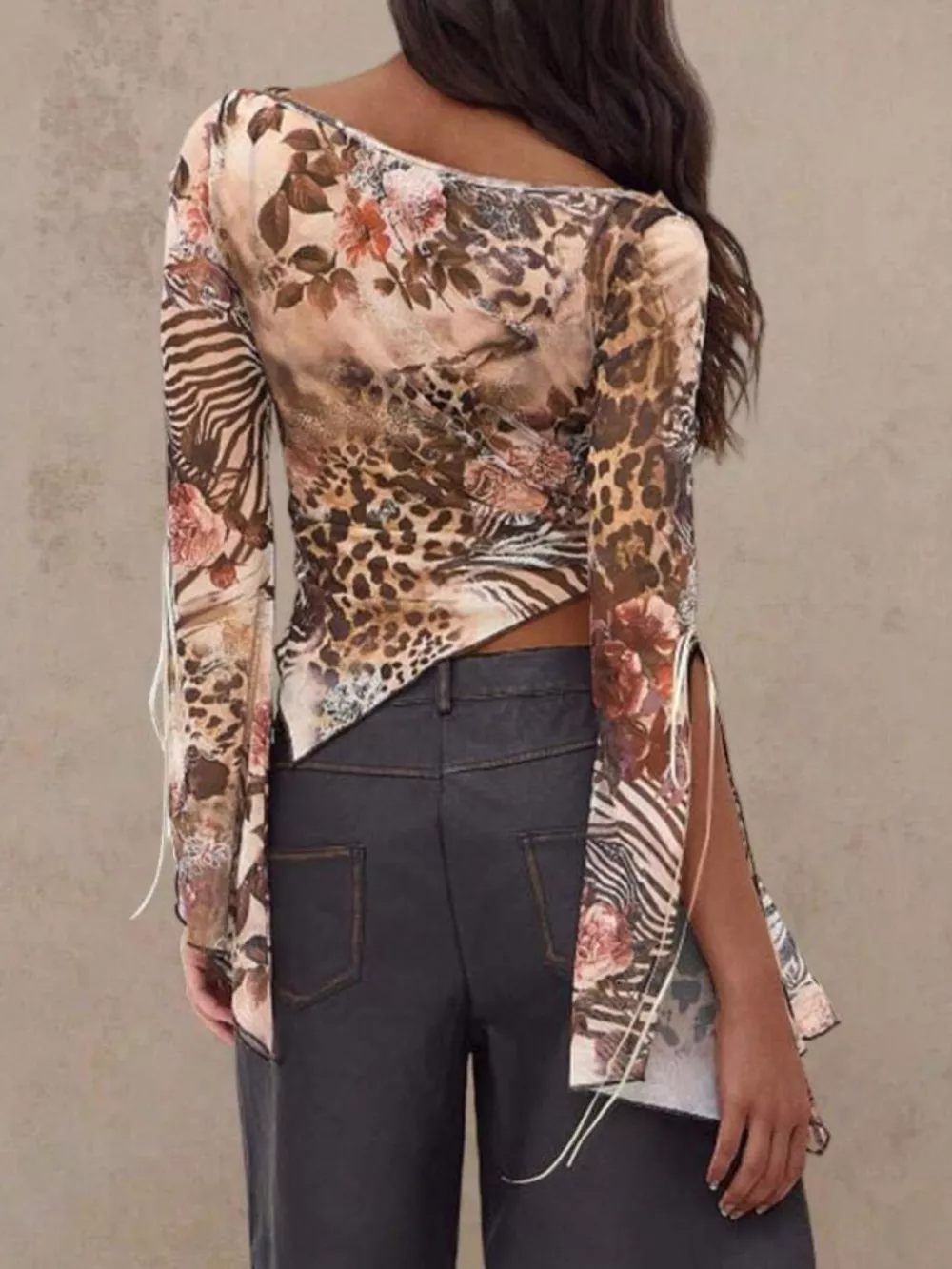 Mesh Floral Print Long Sleeve Asymmetric Top, image 3