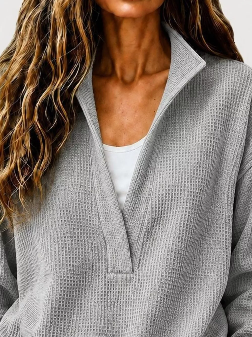 Full Size Waffle Knit Dropped Shoulder Sweatshirt Plus Size, image 9