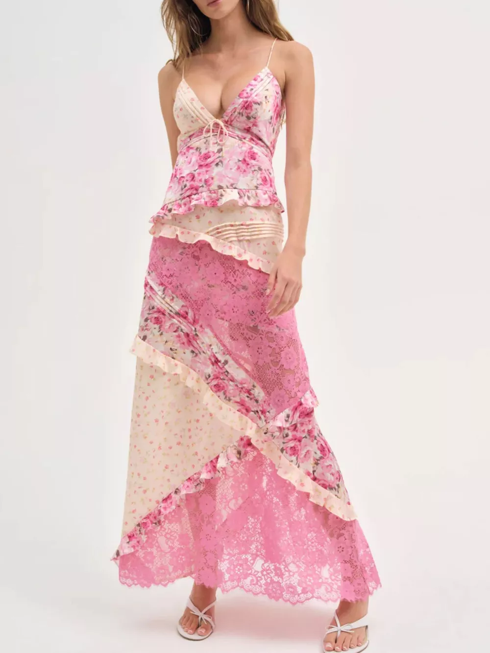 Lace Floral Print Ruffle Trim Maxi Dress, image 3