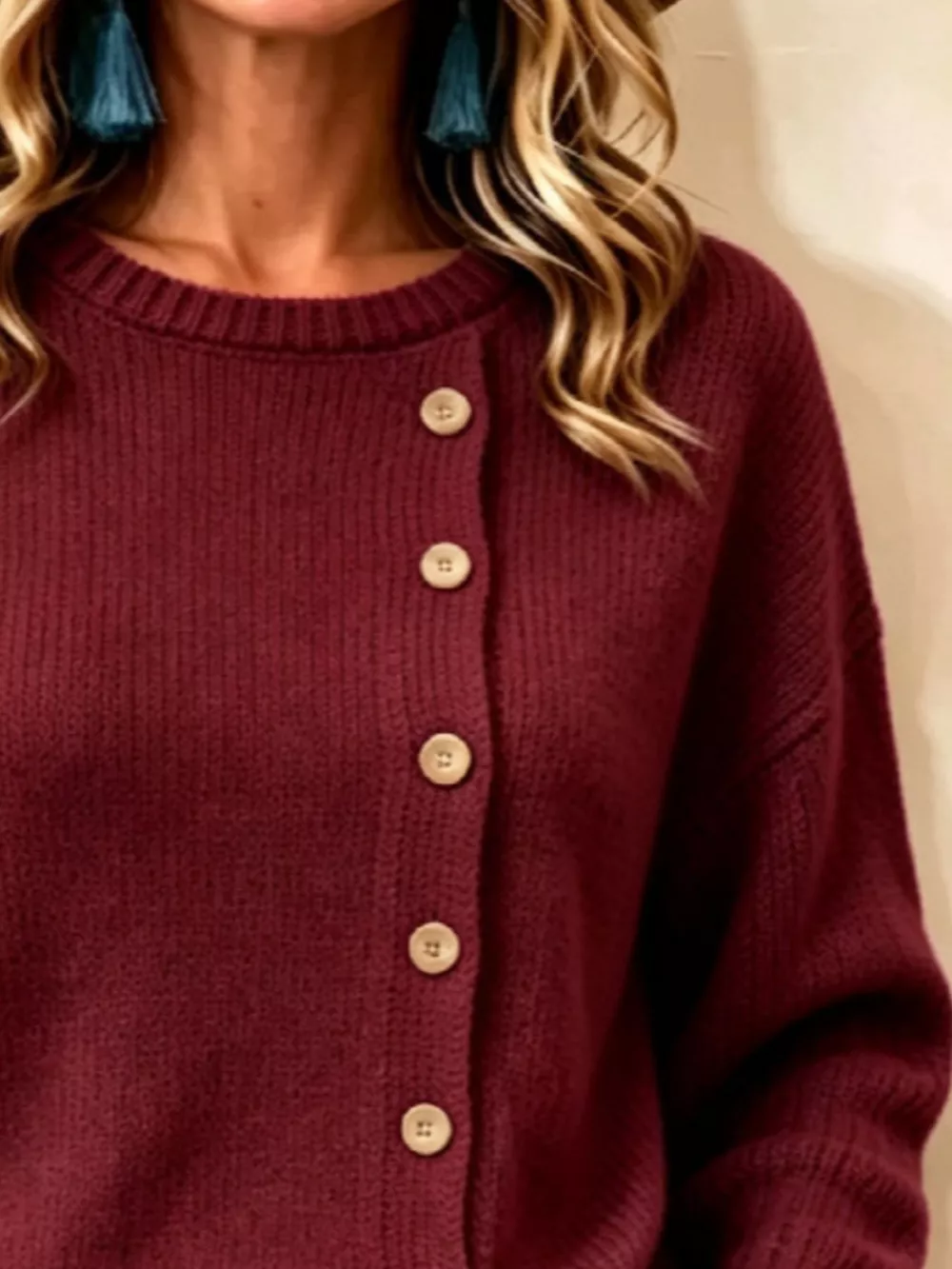 Decorative Button Dropped Shoulder Sweater, image 12