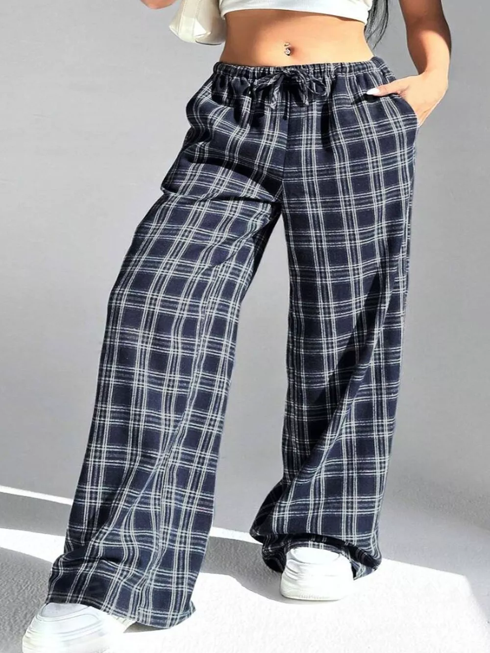 Plaid Drawstring Wide Leg Pants, image 9
