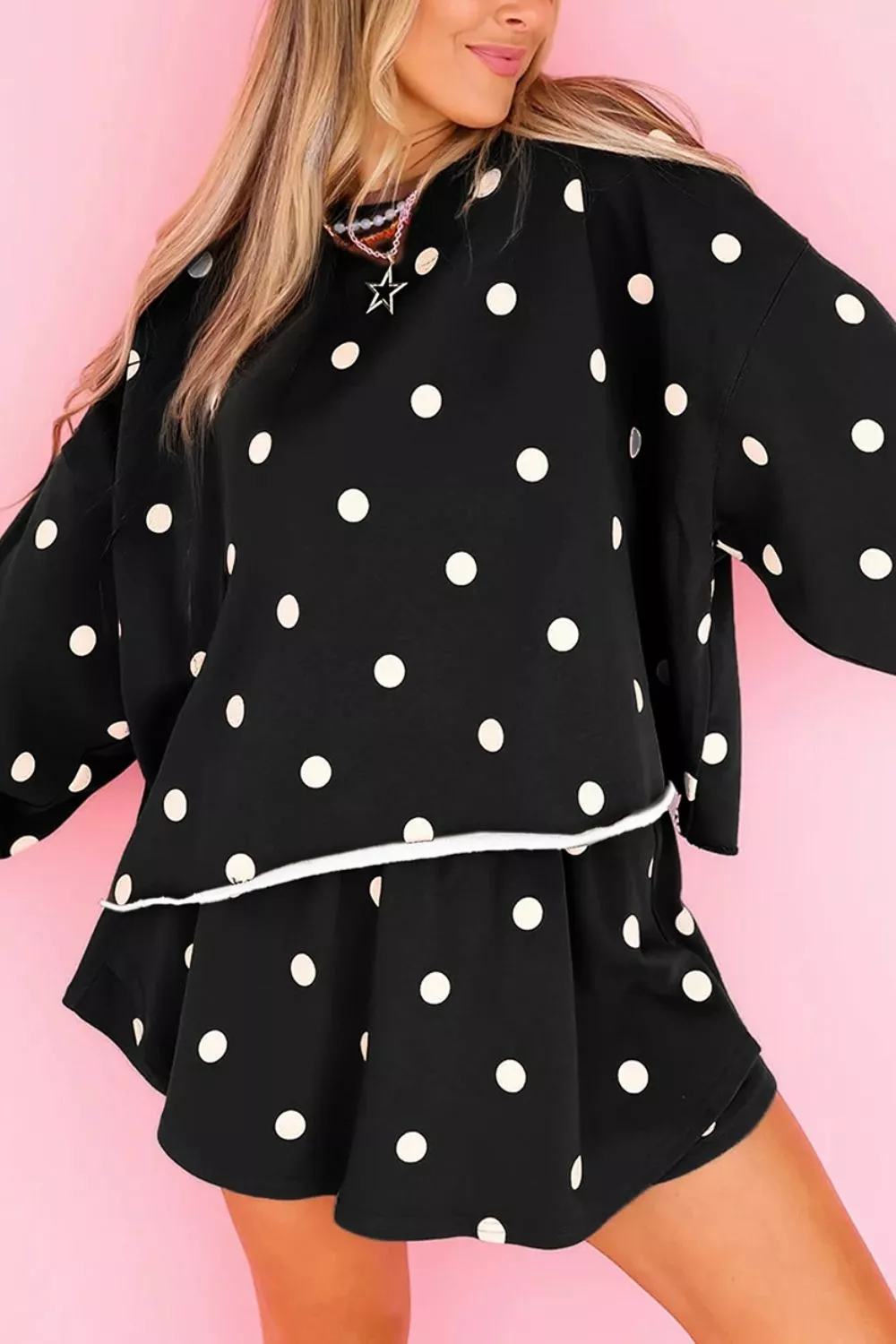 Polka Dot Raw Hem Relaxed Pullover Loose Skort Two Piece Set, image 3
