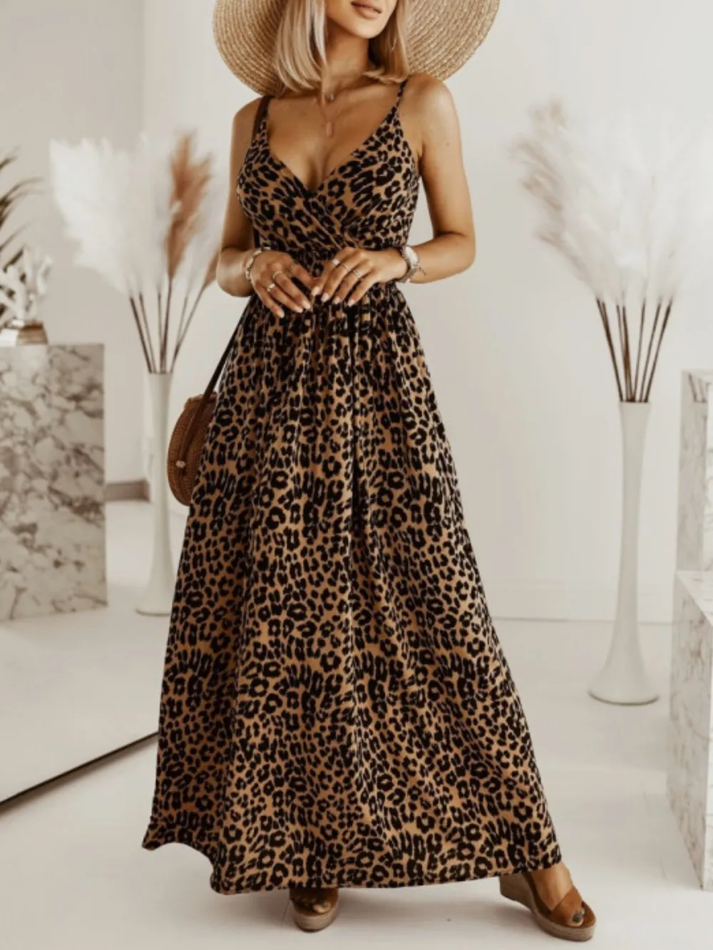 Leopard Print Spaghetti Strap Summer Maxi Dress, image 7