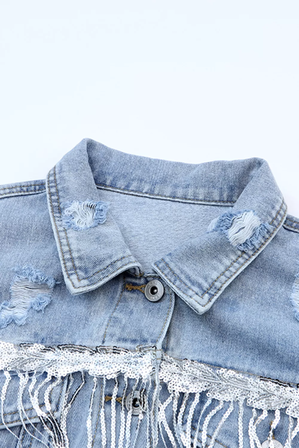 Fringed Sequin Embellished Denim Jacket, image 6
