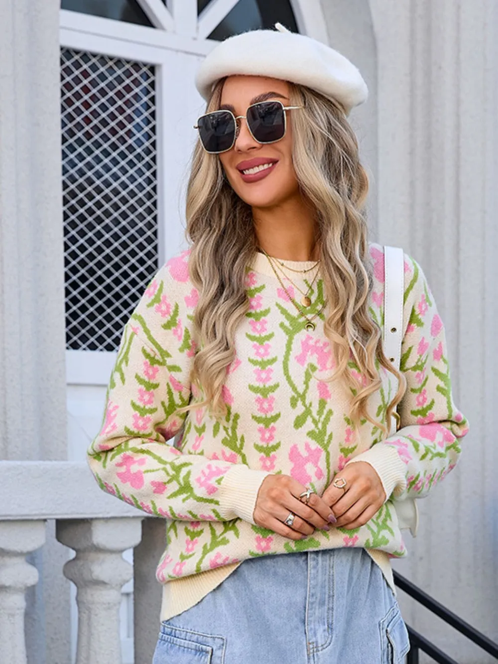 Flower Round Neck Long Sleeve Sweater, image 2