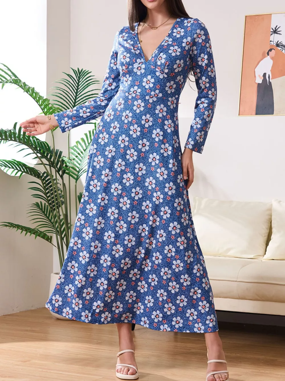 Floral Print V-Neck Long Sleeve Midi Dress, image 8