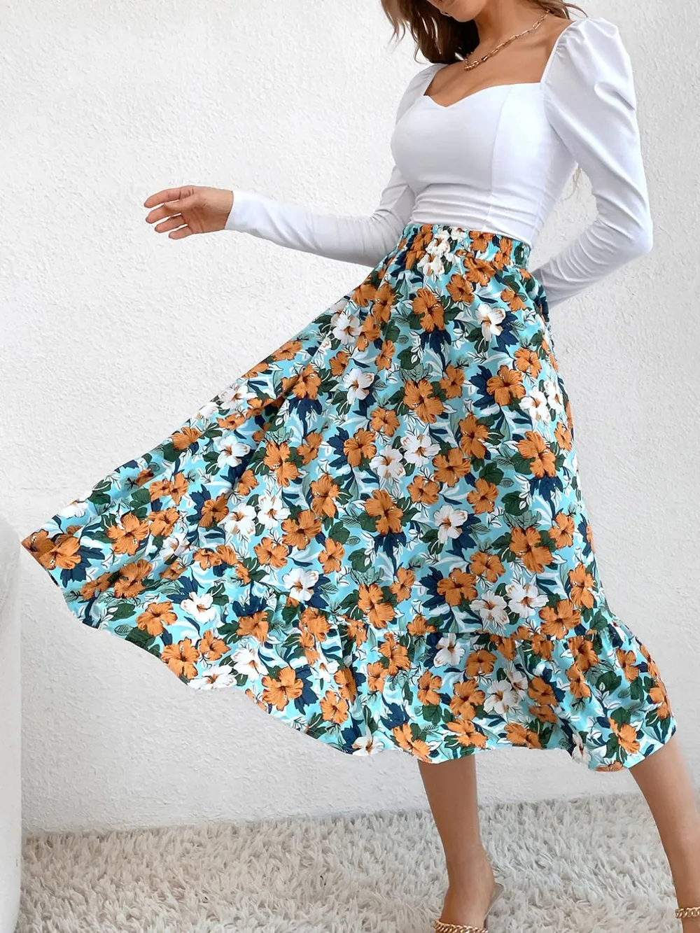 Printed Elastic Waist Midi Skirt, image 12