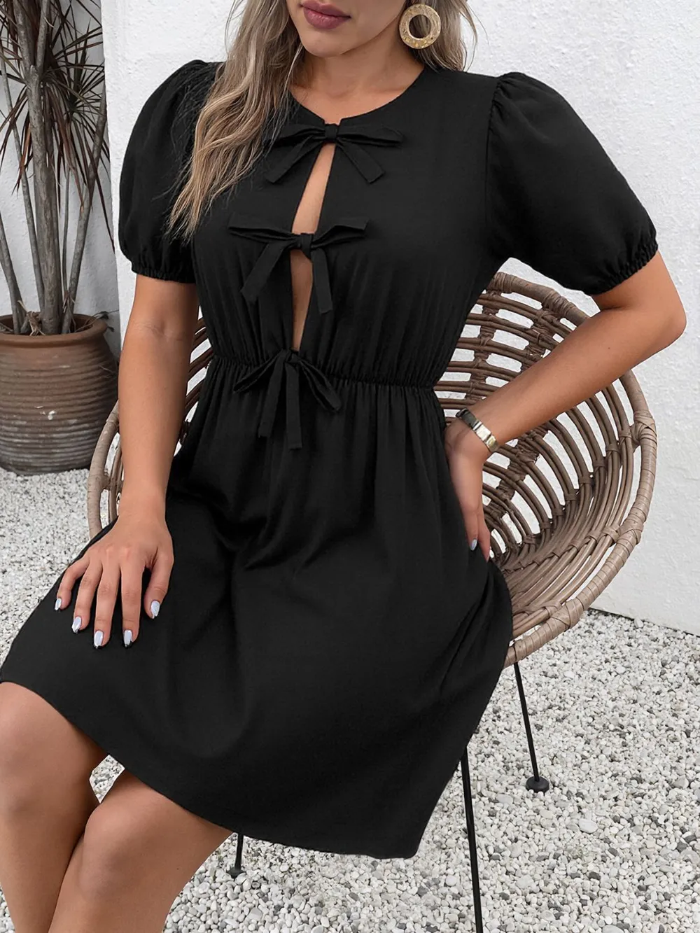 Tie Front Puff Sleeve Mini Dress, image 6