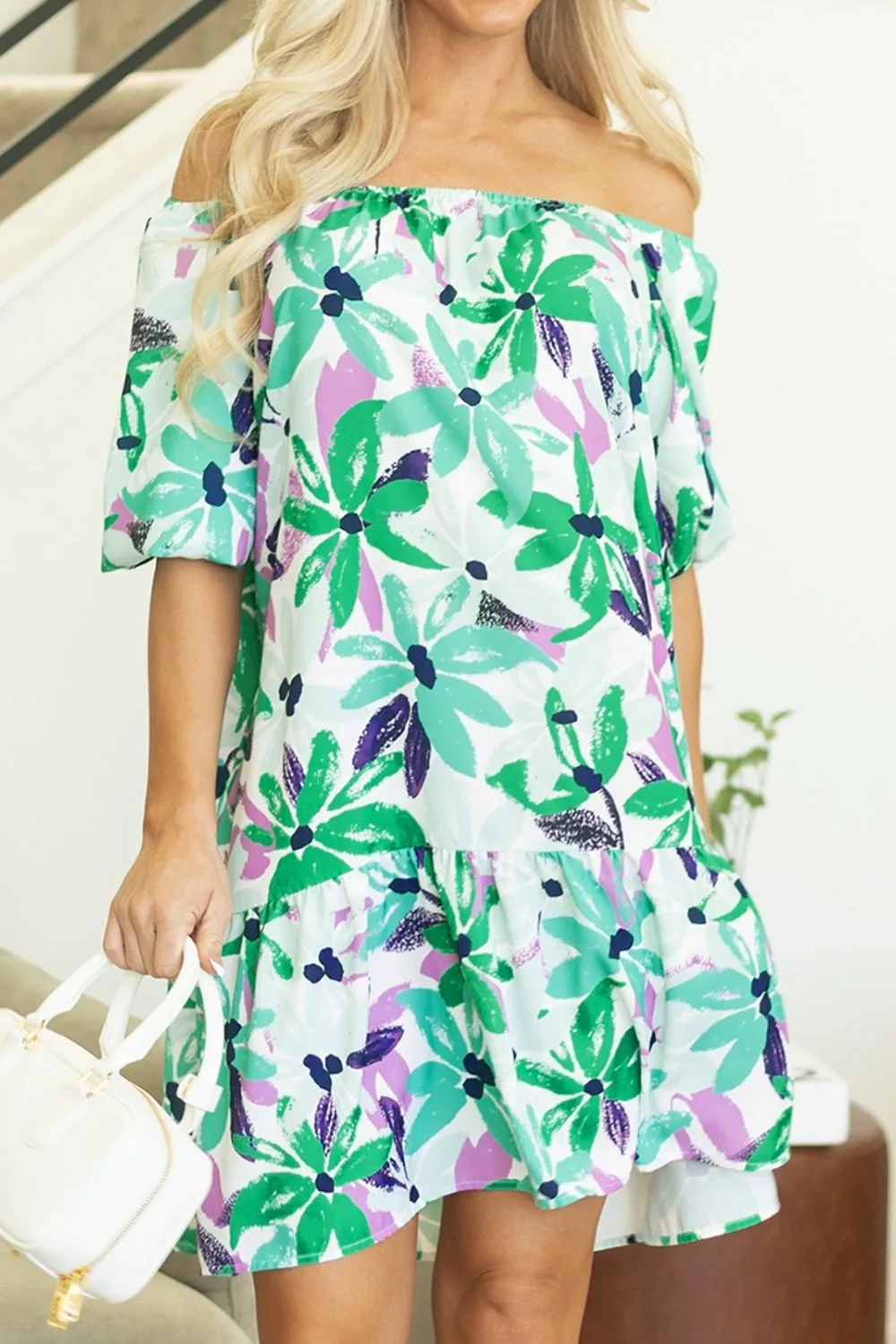 Floral Print Shirred Square Neck Loose Fit Mini Dress, image 6