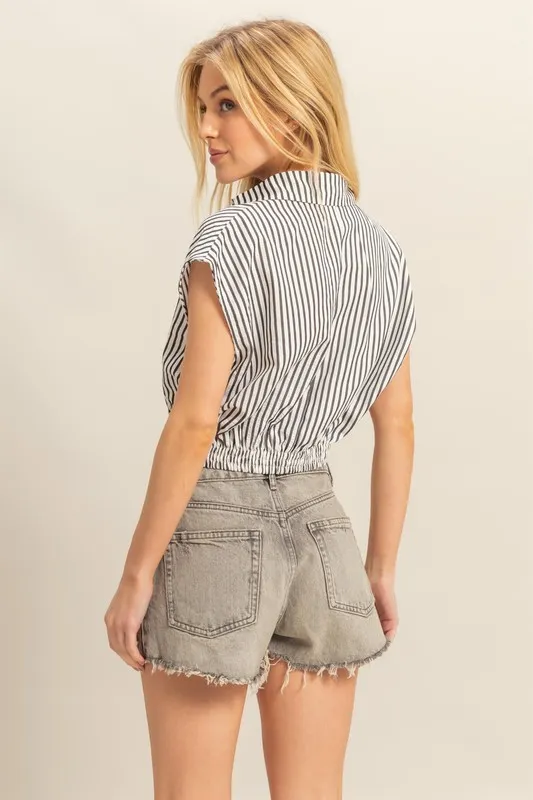 Striped Elastic Hem Johnny Collar Cap Sleeve Blouse, image 3