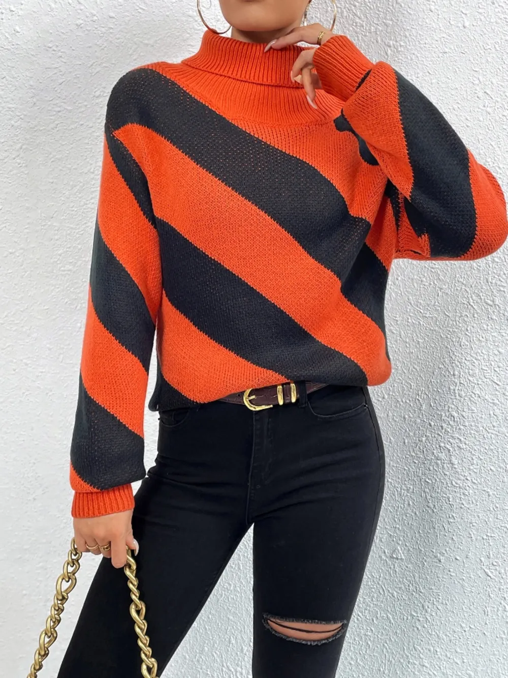 Striped Turtleneck Dropped Shoulder Sweater, image 5