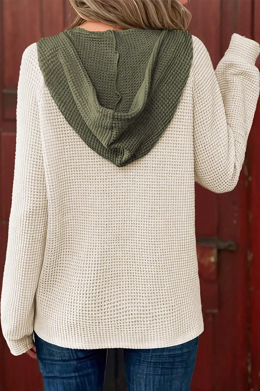 Drawstring Waffle Knit Henley Hoodie, image 3