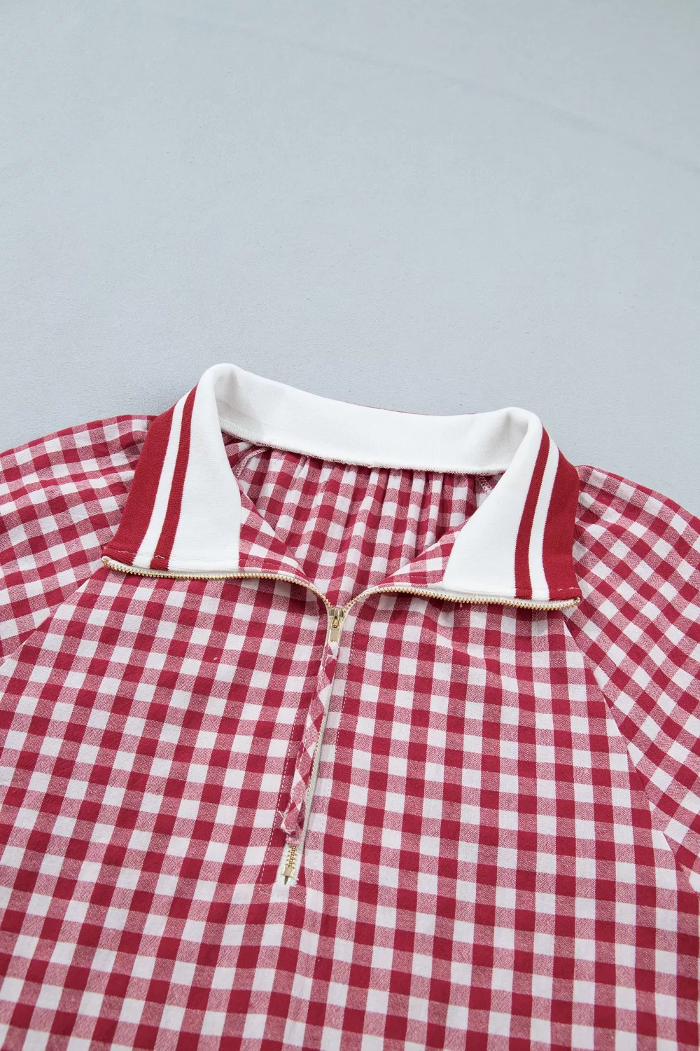 Gingham Puff Sleeve Quarter Zip Blouse, image 8