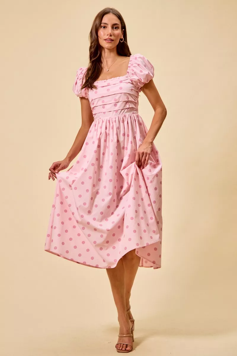 Polka Cotton Print Short Sleeves Midi Dress, image 4