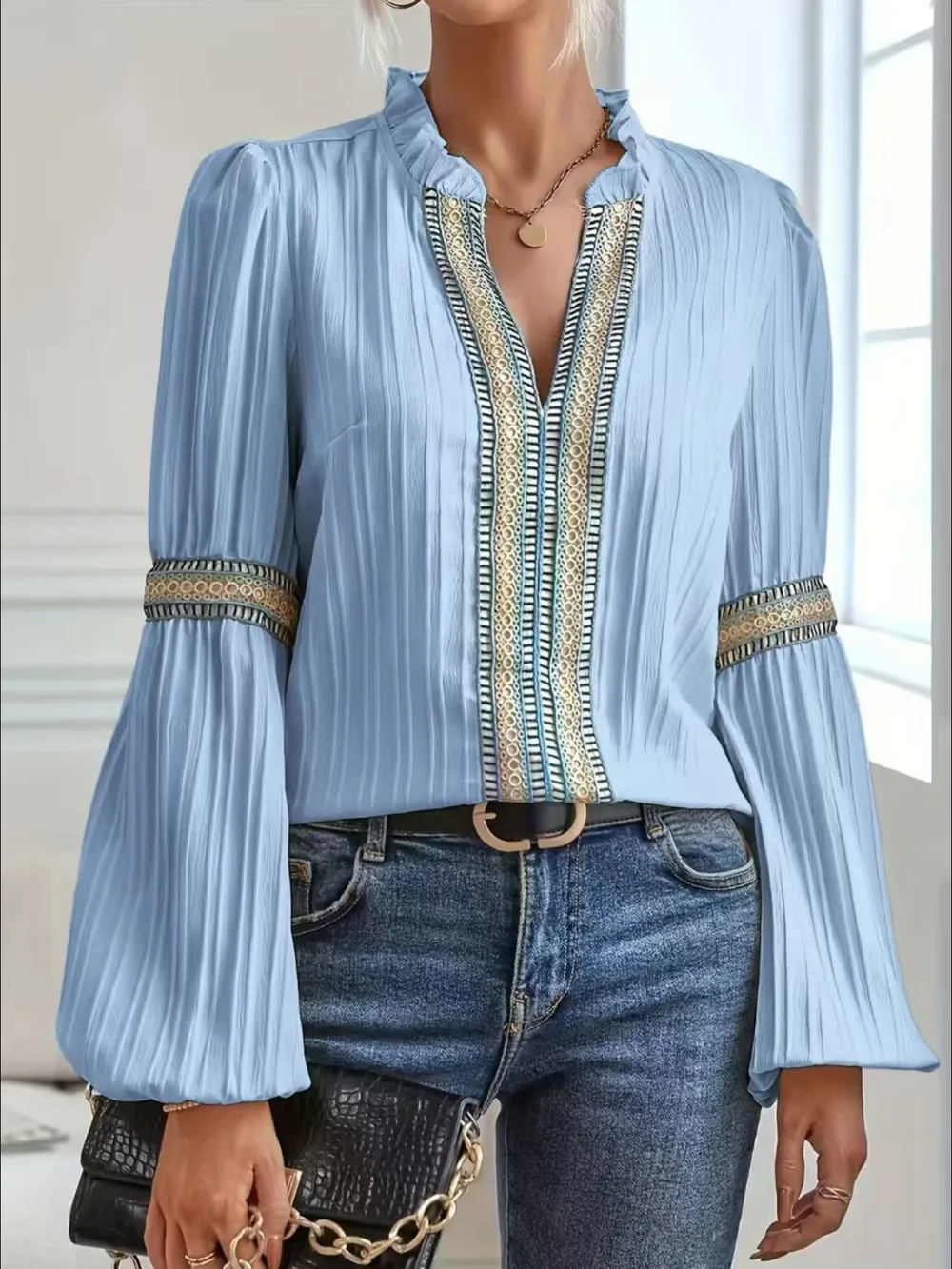 Notched Textured Balloon Sleeve Blouse, image 8