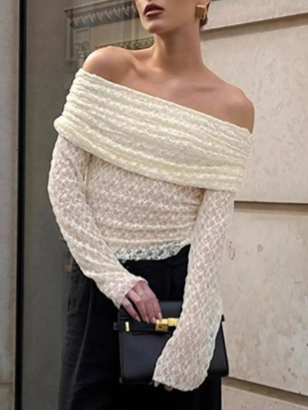 Off Shoulder Long Sleeve Lace Top, image 4