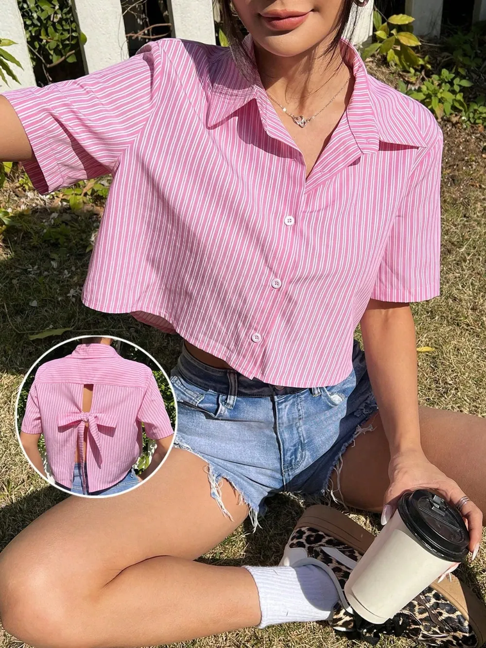 Bow Back Striped Short Sleeve Shirt, image 2