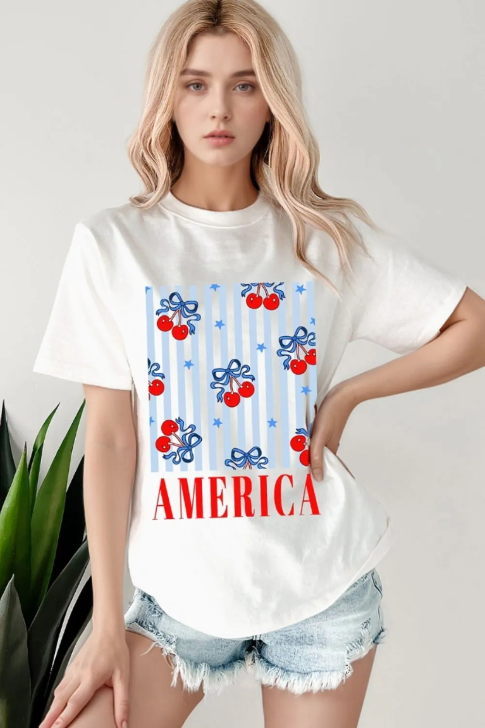 Bow Cherry AMERICA Graphic Crewneck Patriotic T Shirt, image 3