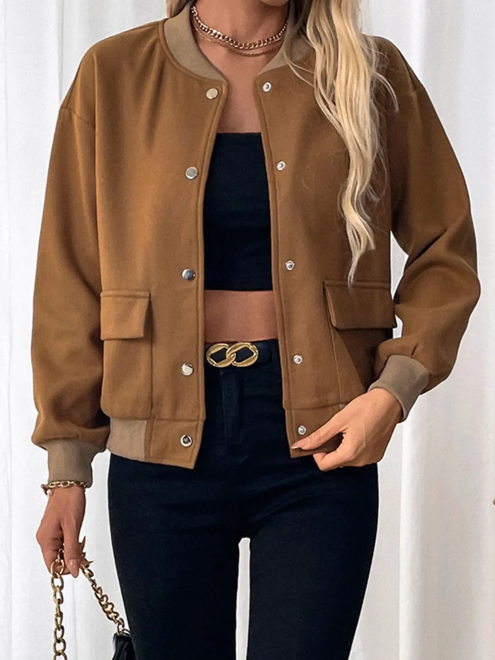 Baseball Collar Snap Down Long Sleeve Jacket, image 5