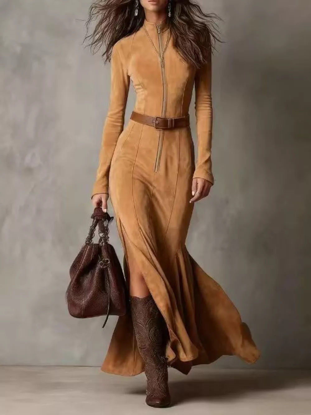 Full Size Slit Zip Front Long Sleeve Dress Plus Size, image 3