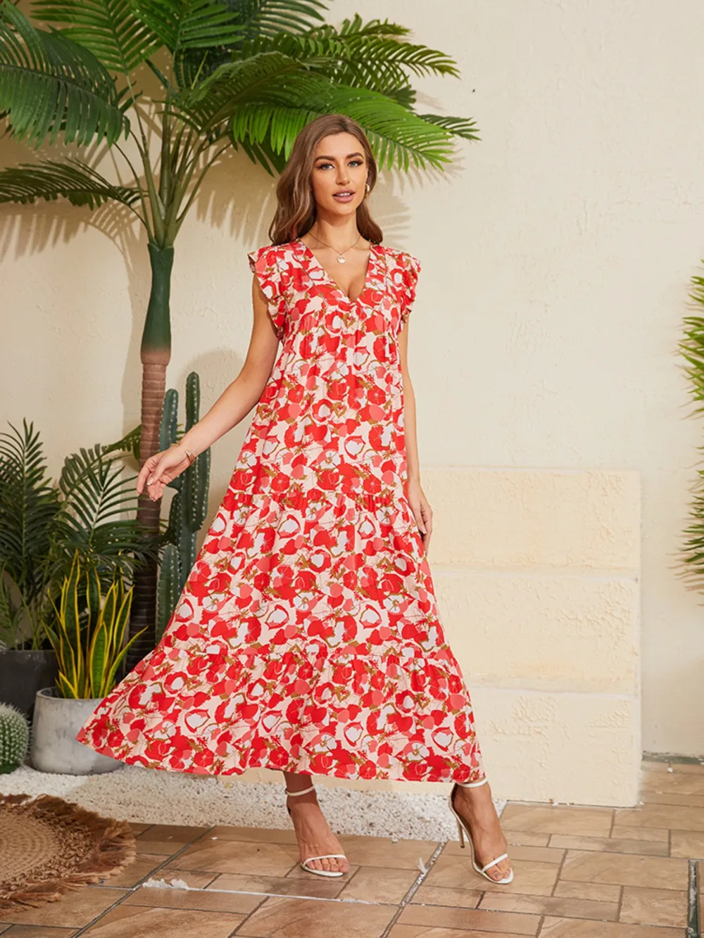 Floral V-Neck Cap Sleeve Summer Dress, image 2
