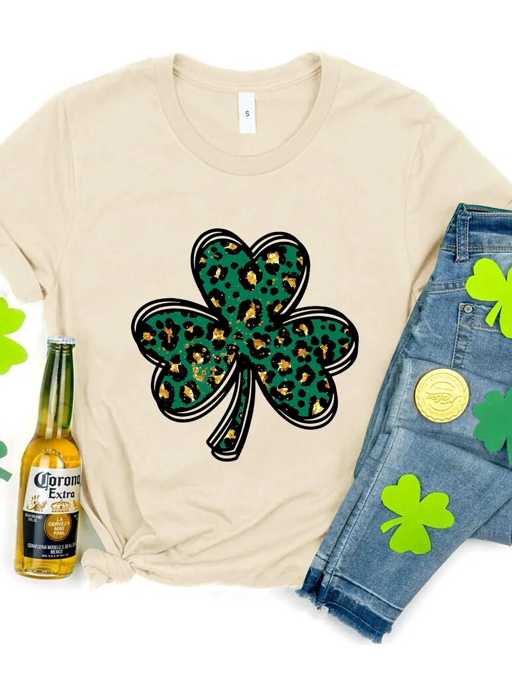 Lucky Clover Round Neck Short Sleeve T-Shirt, image 7