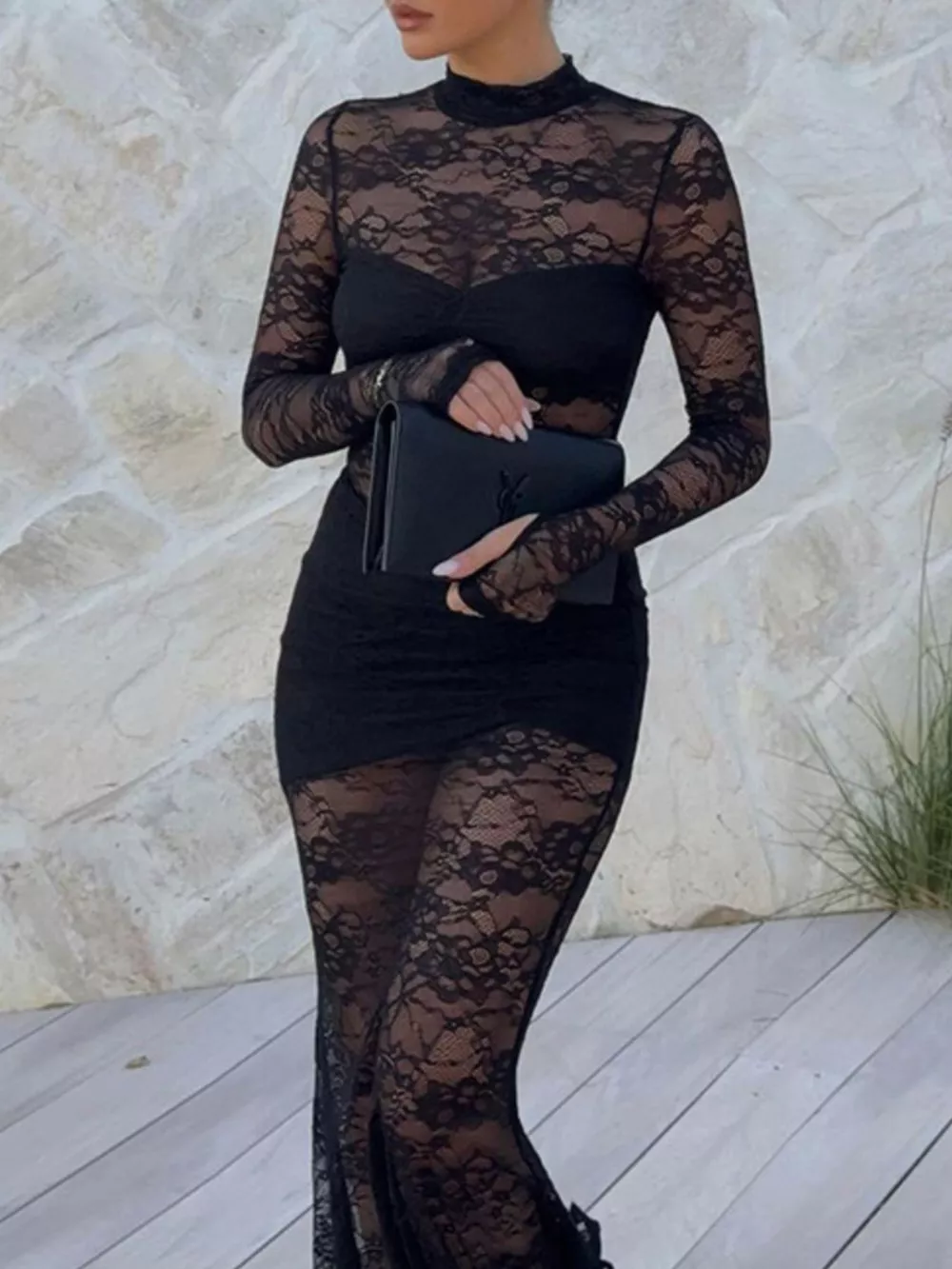 Lace Sheer Mock Neck Long Sleeve Maxi Dress, image 2