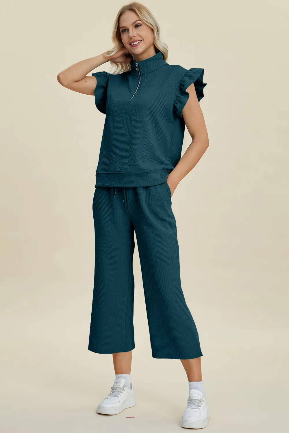Full Size Texture Ruffle Short Sleeve Top and Wide Leg Pants Set, image 14