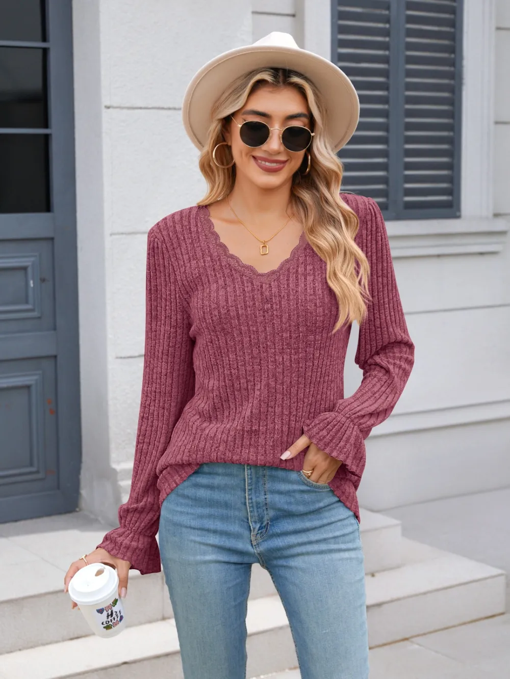 Lace Detail V-Neck Long Sleeve T-Shirt, image 30