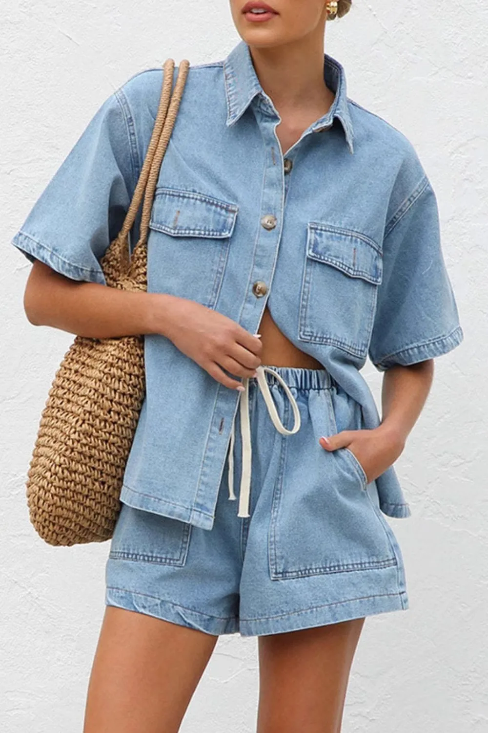 Collared Neck Button Up Top and Shorts Denim Set, image 7