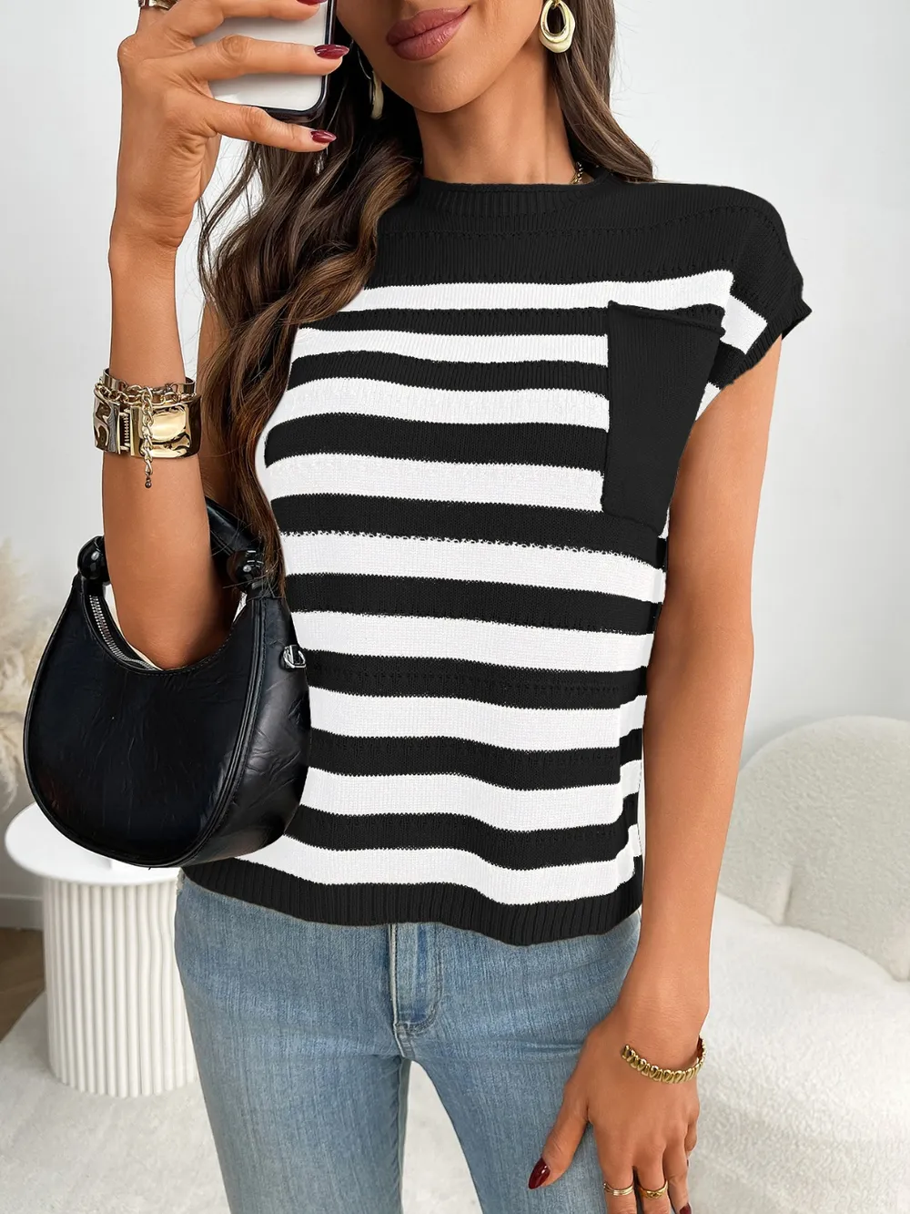 Striped Mock Neck Cap Sleeve Knit Top, image 14