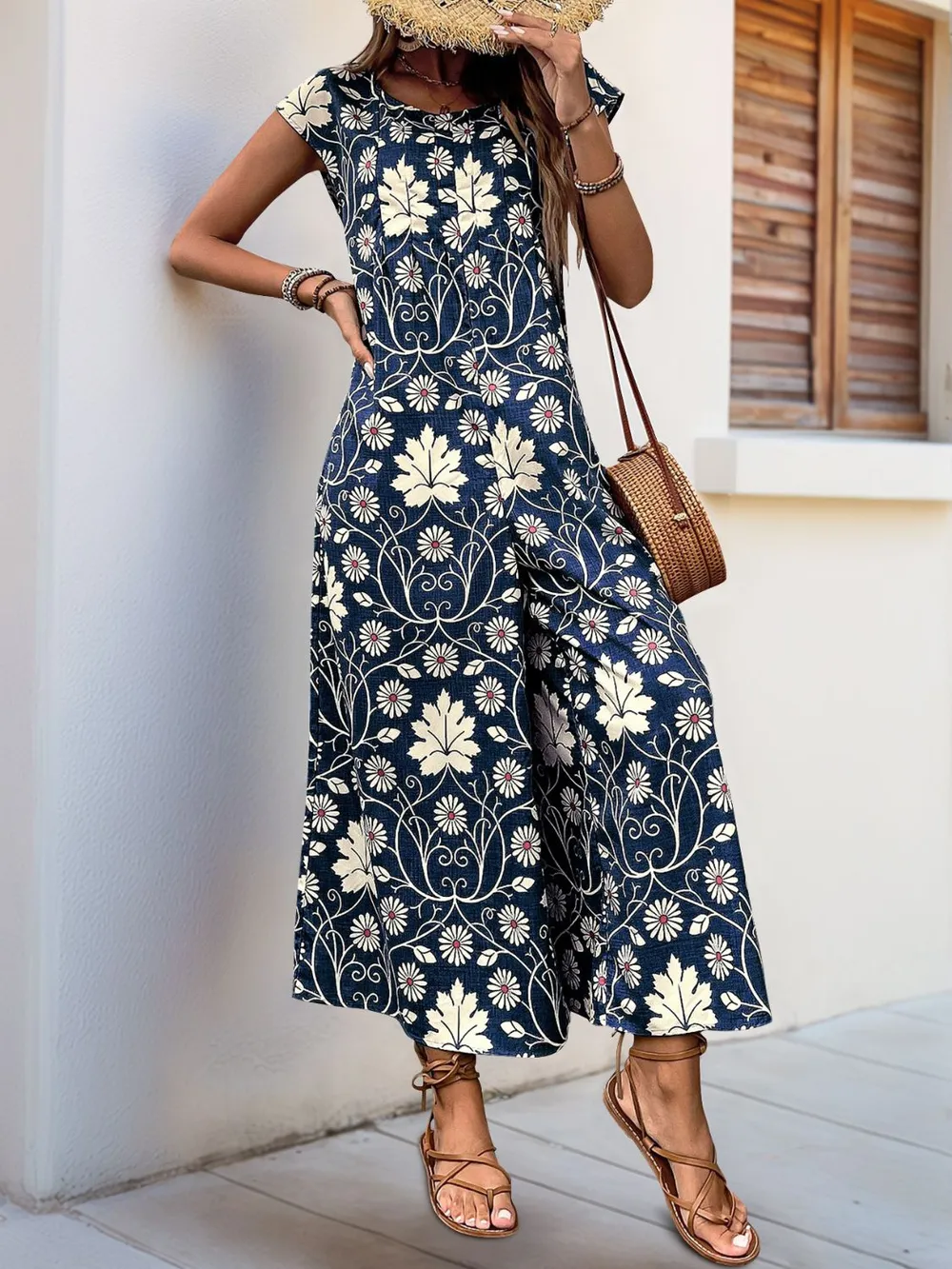 Printed Round Neck Cap Sleeve Wide Leg Jumpsuit, image 13