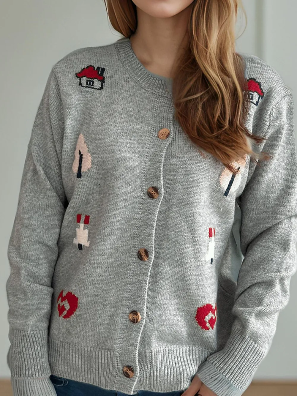 Button Up Round Neck Long Sleeve Cardigan, image 7