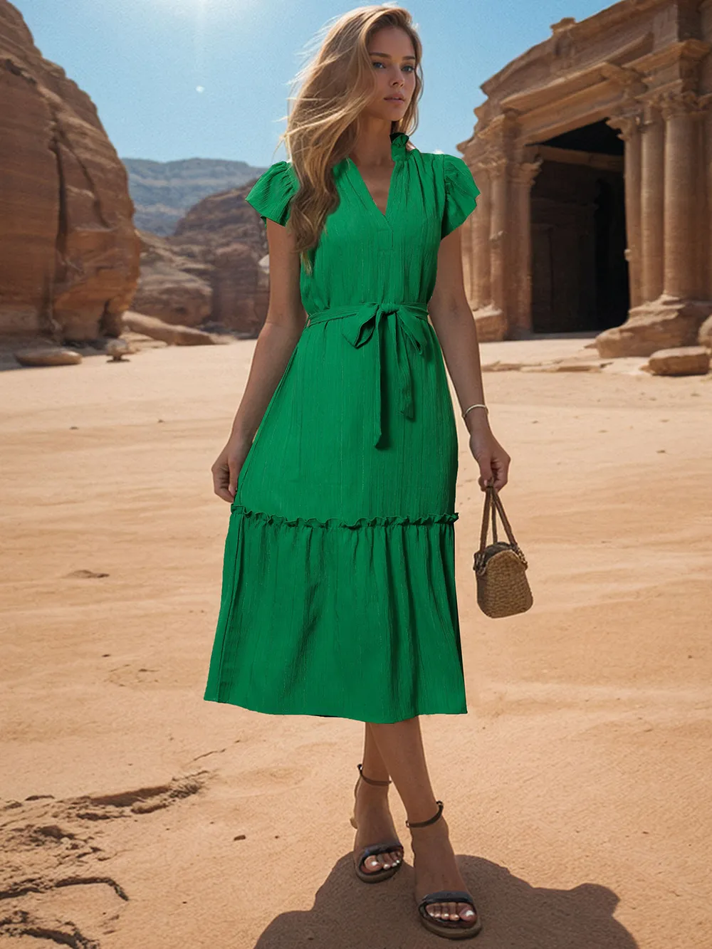 Tied Notched Cap Sleeve Dress, image 3
