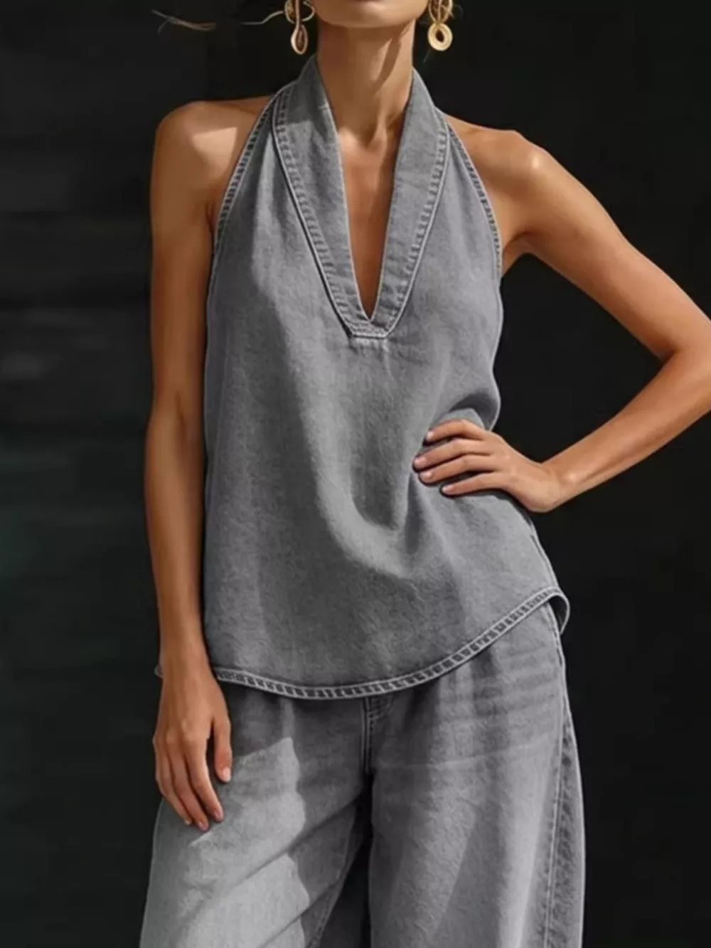 Full Size Halter Neck Top and Wide Leg Pants Plus Size, image 6