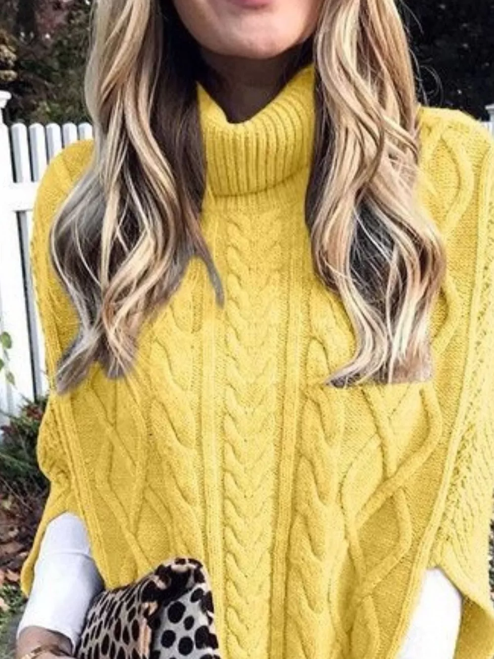 Chunky Cable Knit Turtleneck Poncho Cover Up, image 8