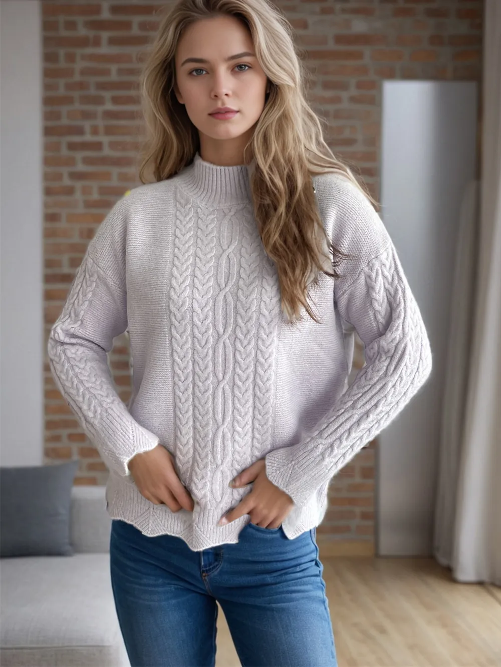 Cable-Knit Mock Neck Dropped Shoulder Sweater, image 9