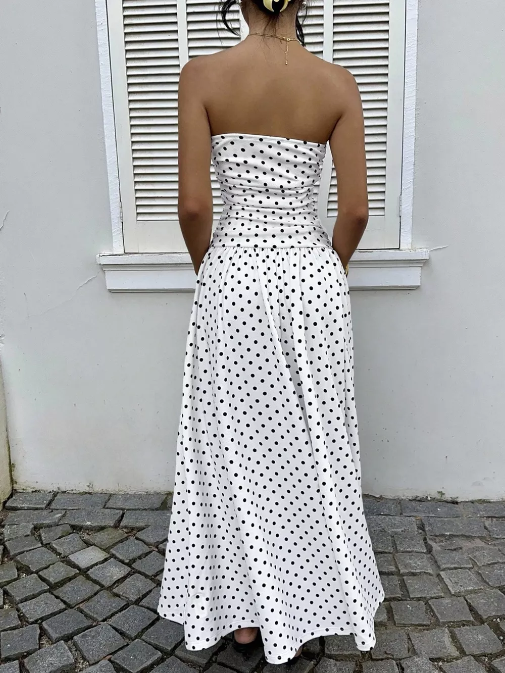 Polka Dot Ruched Strapless Maxi Dress, image 4