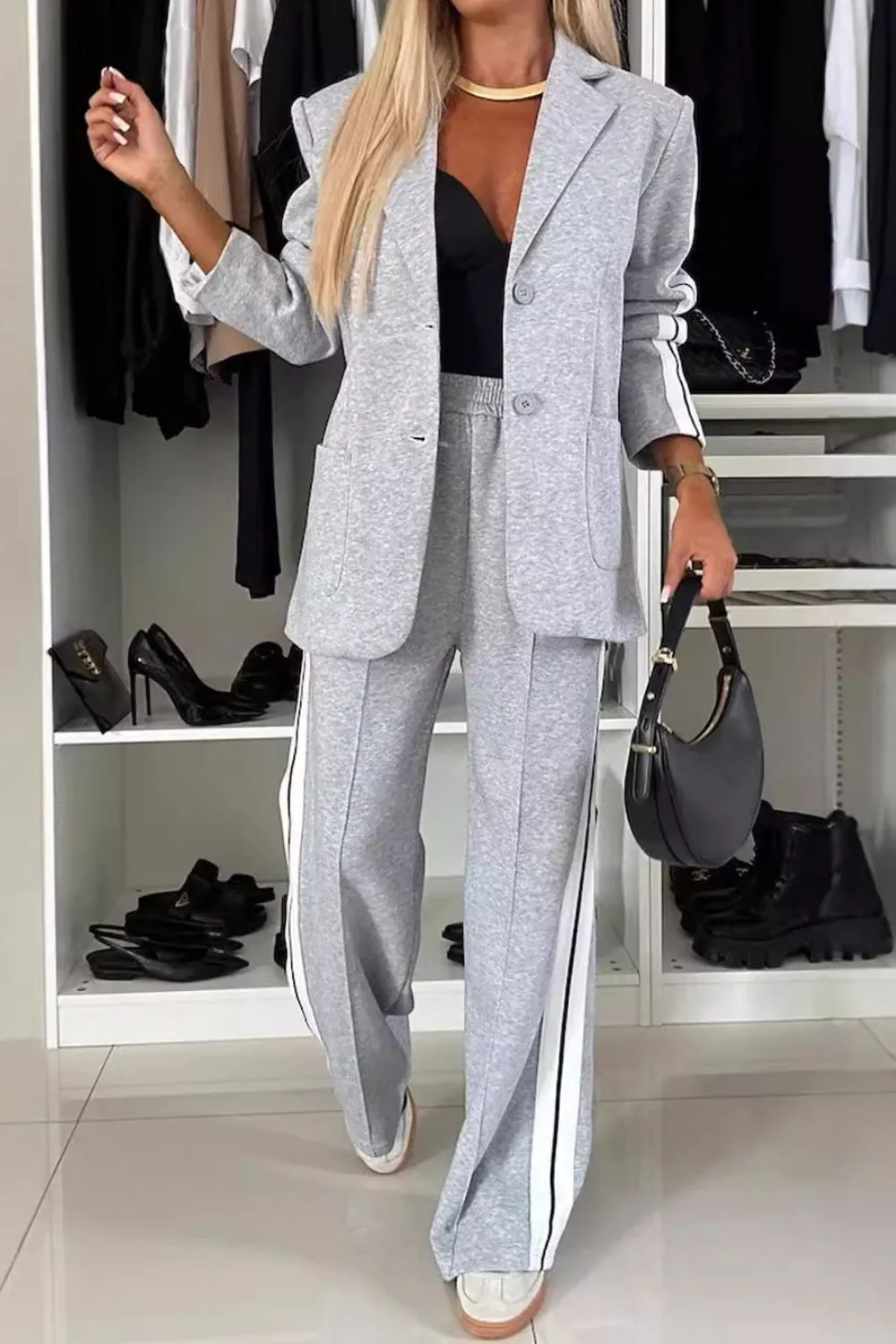 Full Size Contrast Lapel Collar Top and Pants Set, image 14