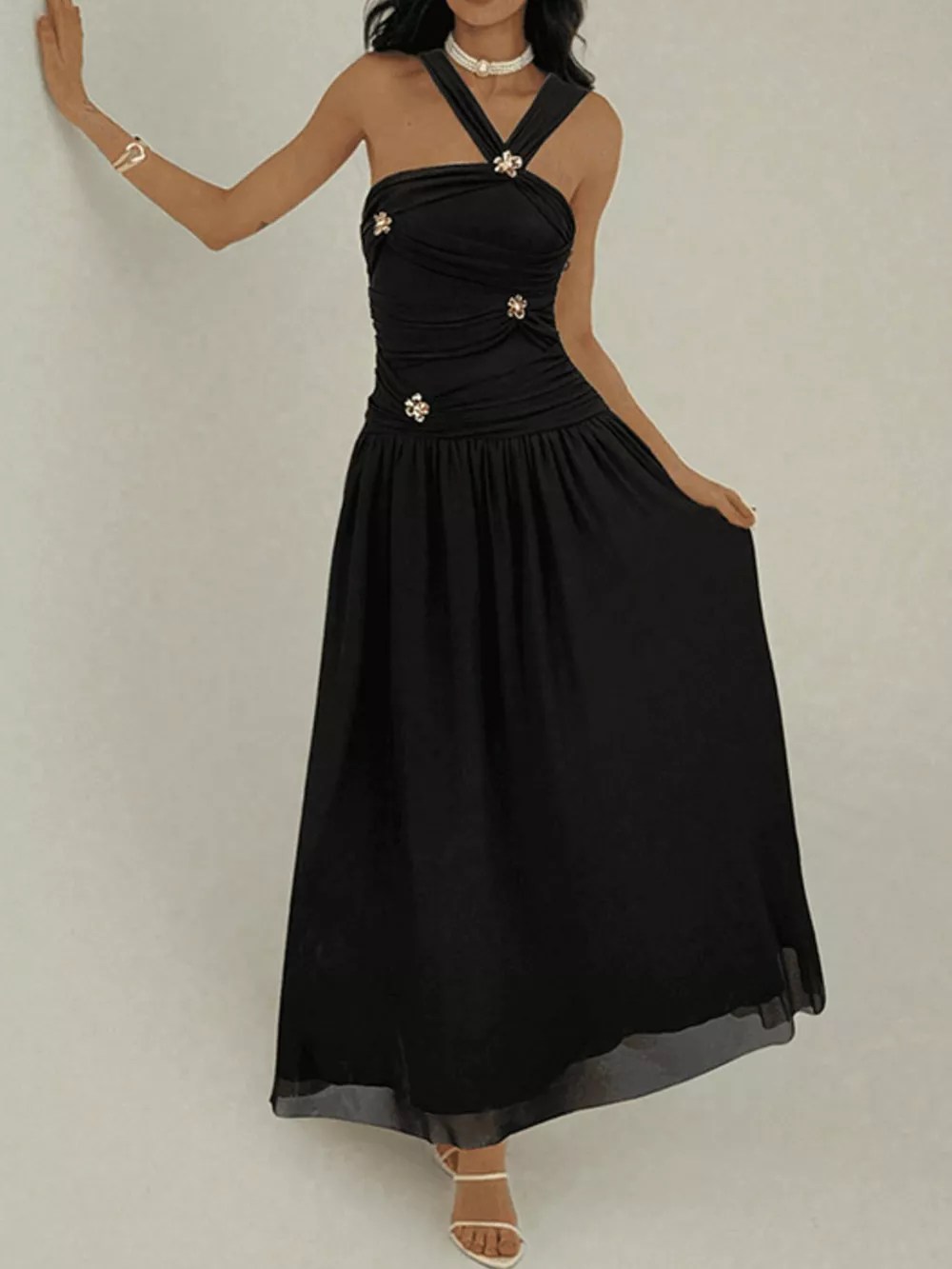 Ruched Sleeveless Maxi Dress with Embellishments