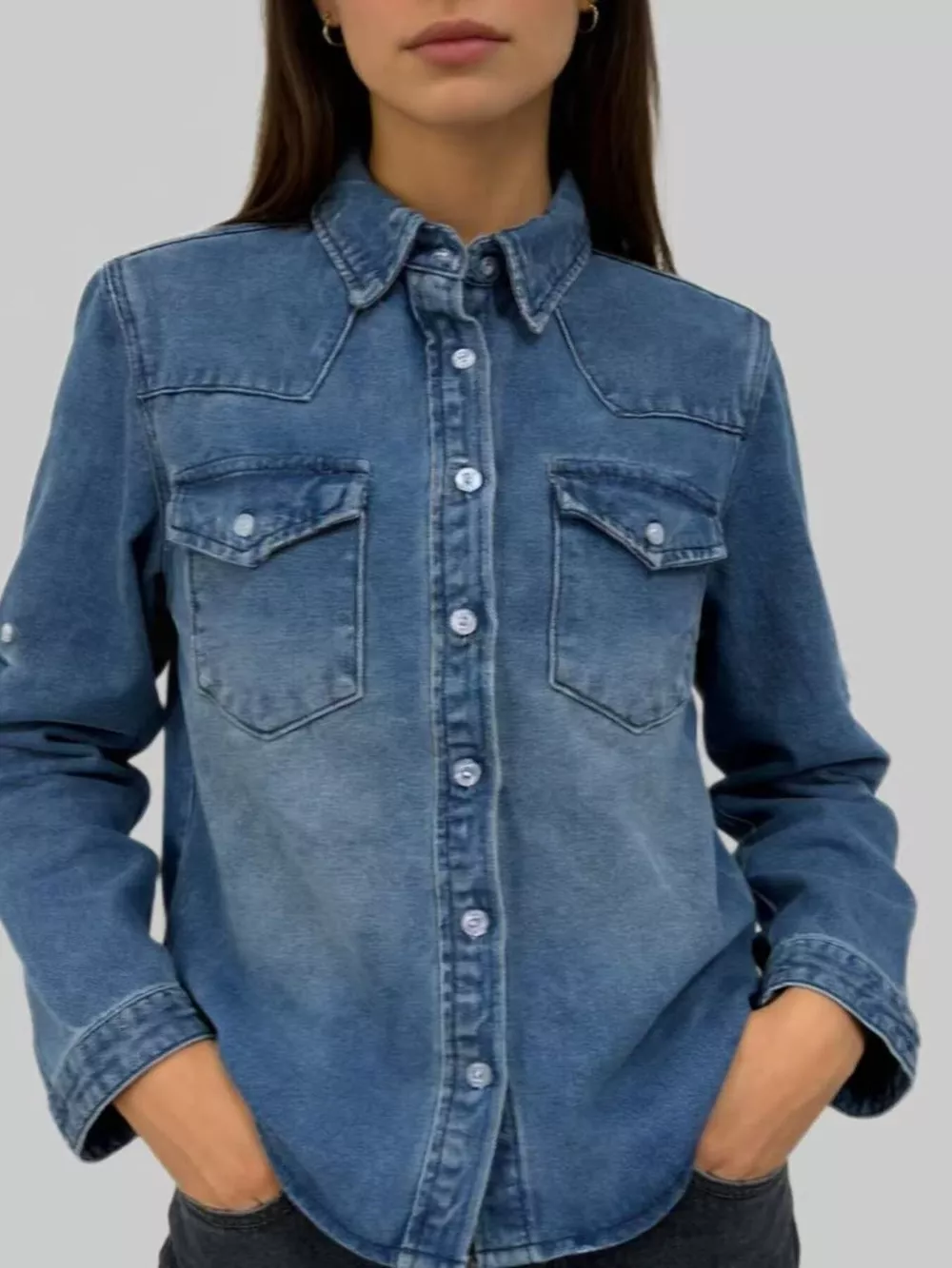 Button Down Classic Western Style Denim Top, image 2