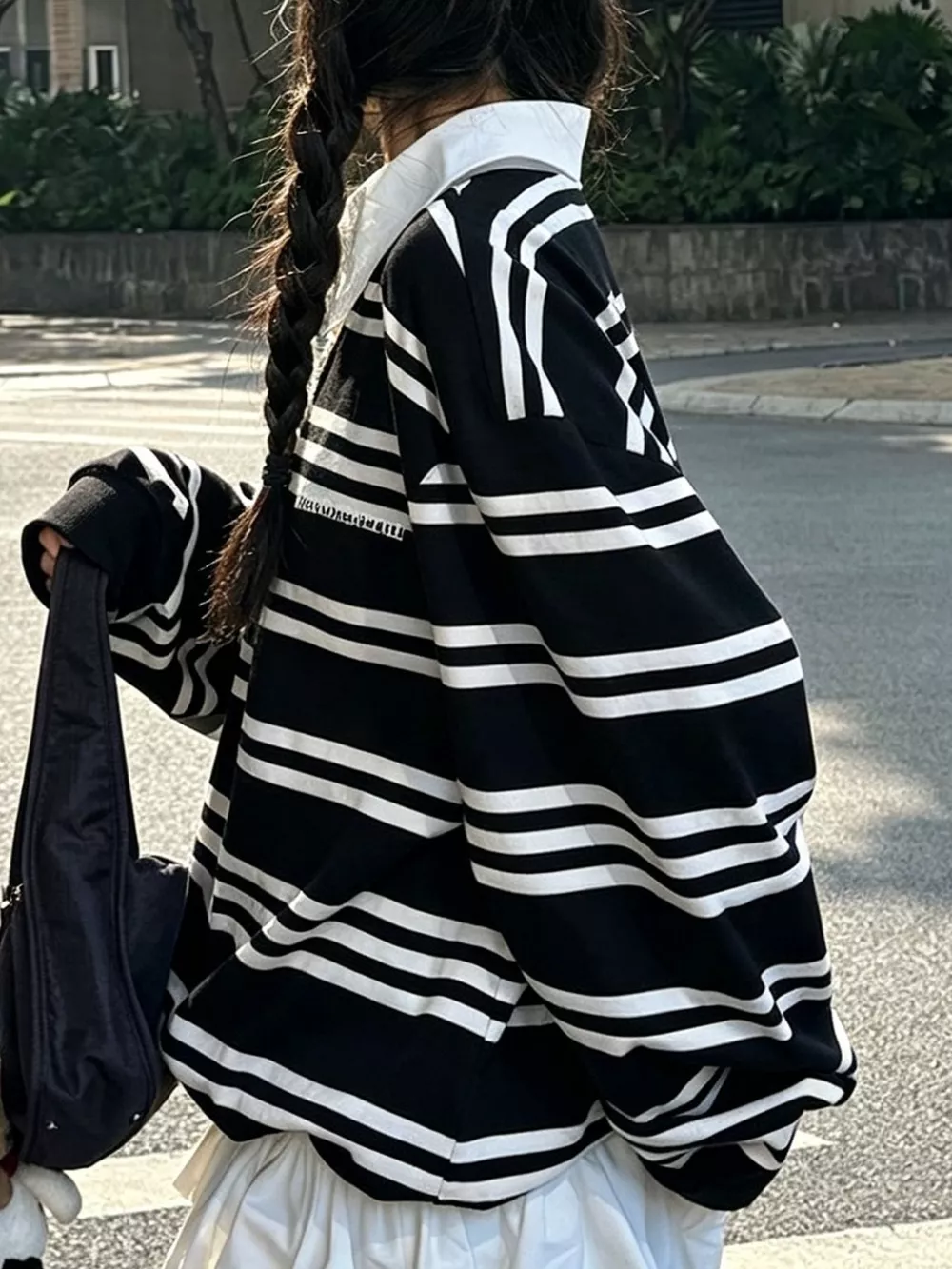 Oversized Striped  Contrast Collar Polo Top, image 4