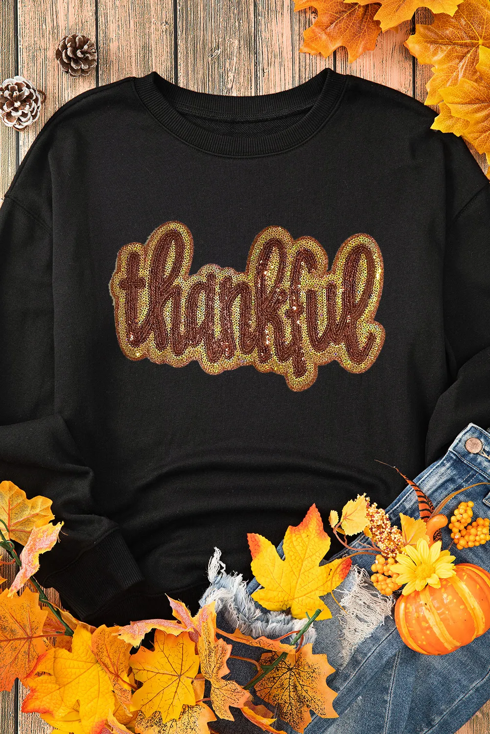 THANKFUL Round Neck Long Sleeve Sweatshirt, image 3