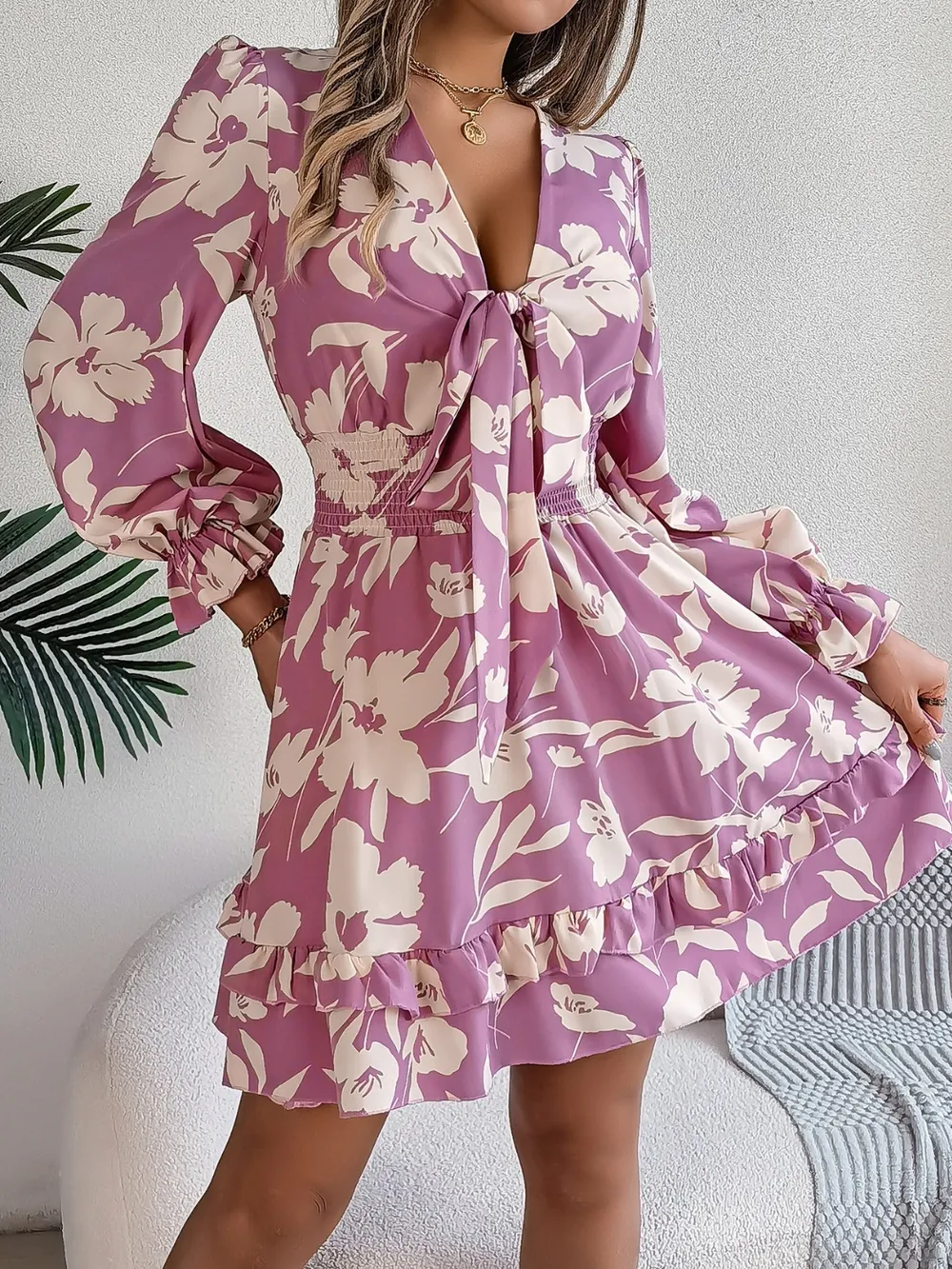 Tied Ruffled Printed Long Sleeve Dress, image 9