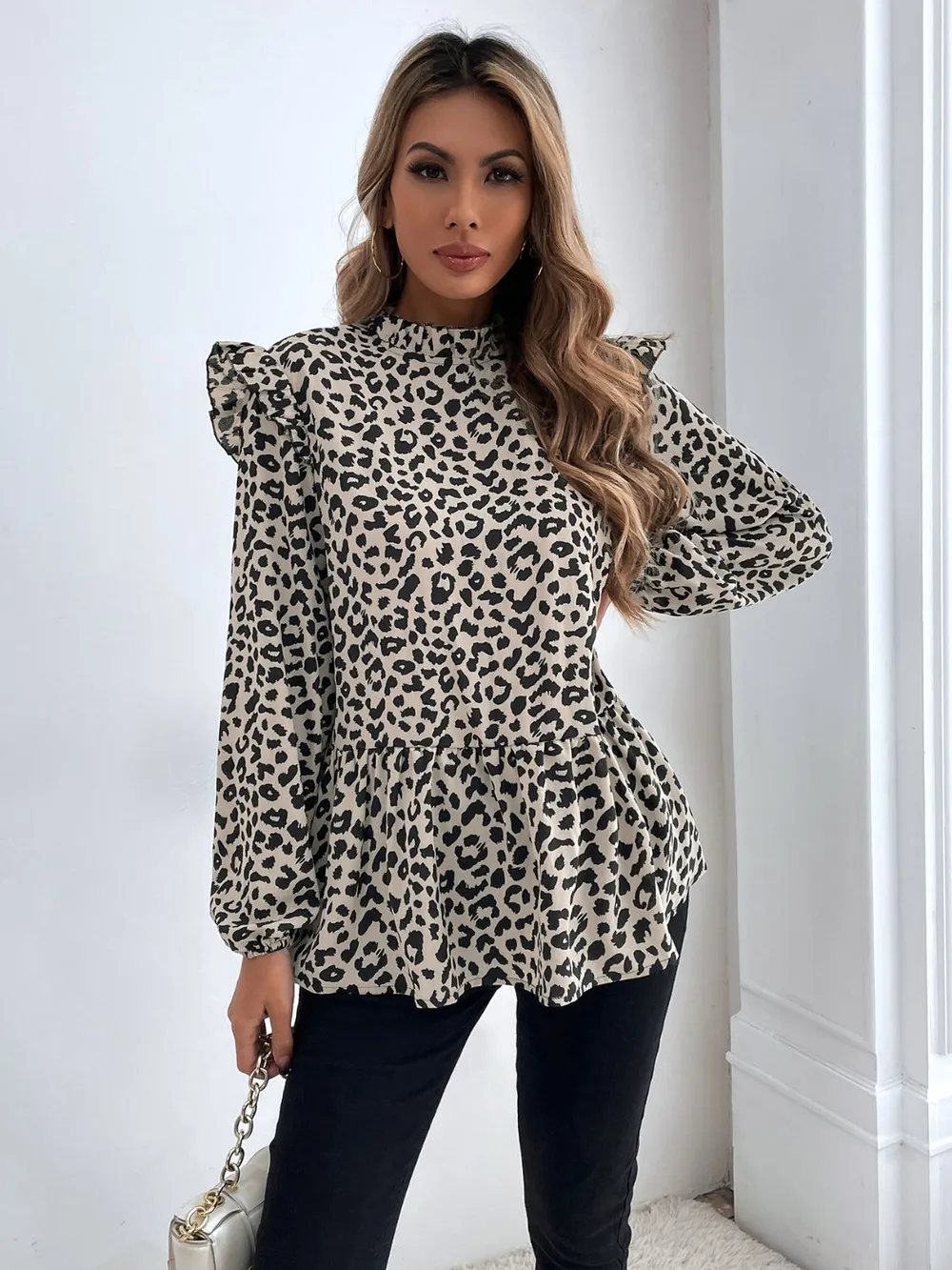Ruffled Leopard Mock Neck Long Sleeve Blouse, image 3