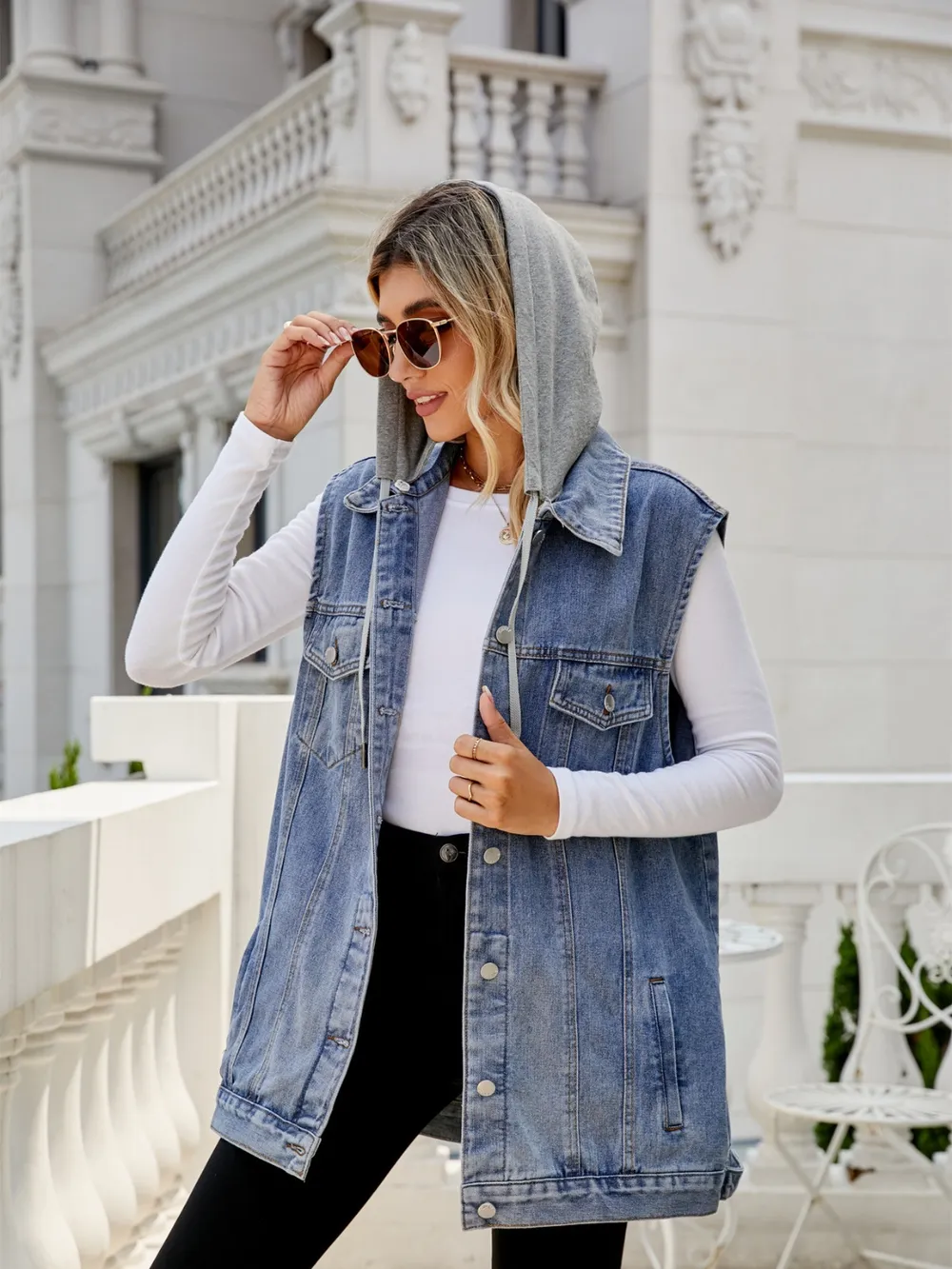 Drawstring Pocketed Button Up Sleeveless Denim Jacket, image 5