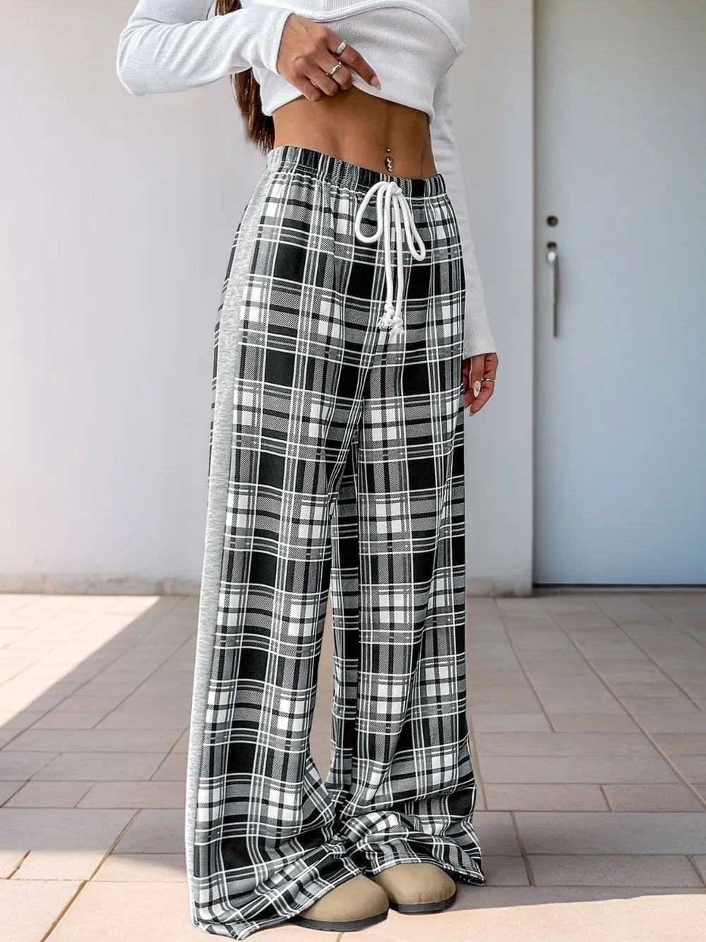 Drawstring Plaid Wide Leg Pants, image 4